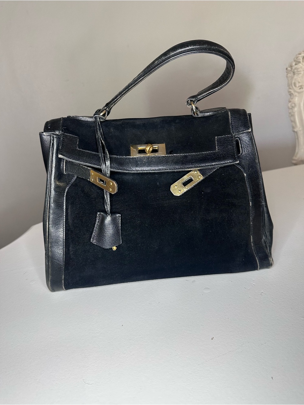 VTG Saks Fifth Avenue Paris Black Leather & Suede Kelly Bag Gold Hardware France - Picture 2 of 15
